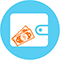 Blue circle with a white wallet that has orange money bills stack on top that directs to more member services page.